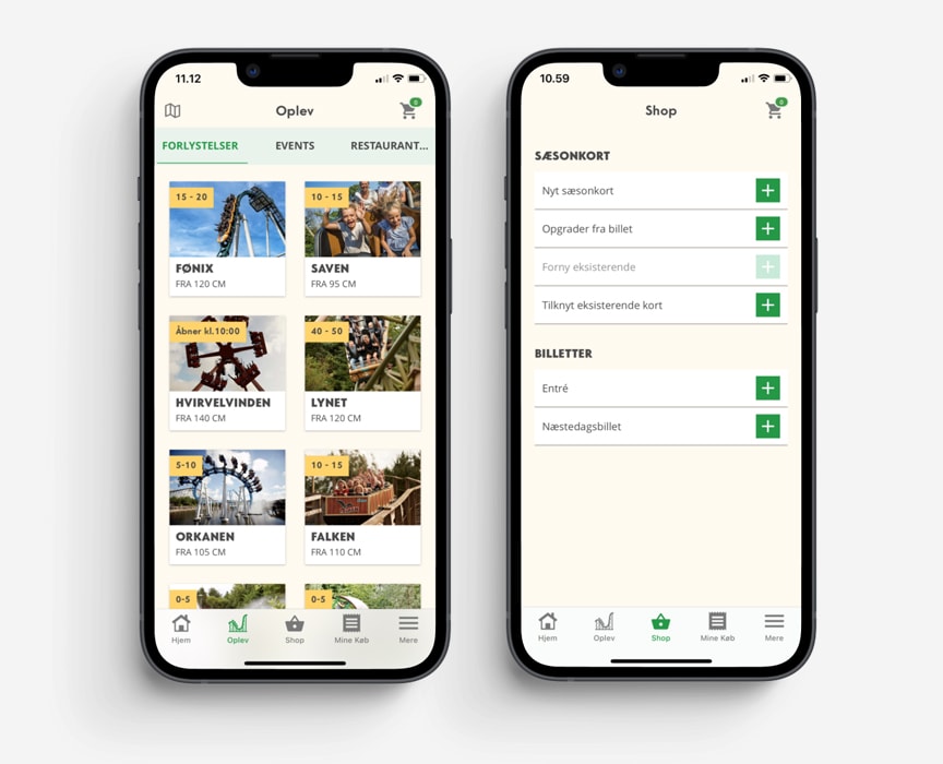 Mock-ups af Fårup sommerland app udviklet af Venue Manager