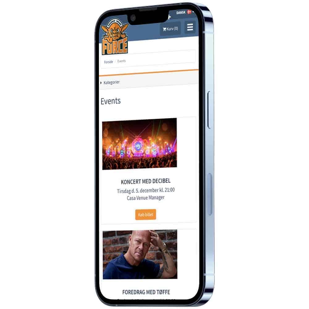 Event billetsalg igennem jeres webshop, som også kan tilgås på mobilen.